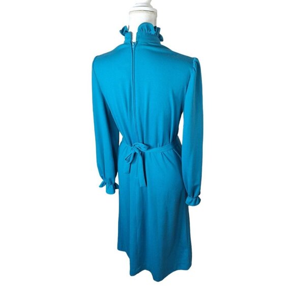 JCPenney Fashions Blue Dress Long Ruffle High Neck Pockets Tie Vintage Womens 14 - Picture 3 of 16